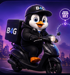 Le pingouin livreur B4G Eat sur son scooter